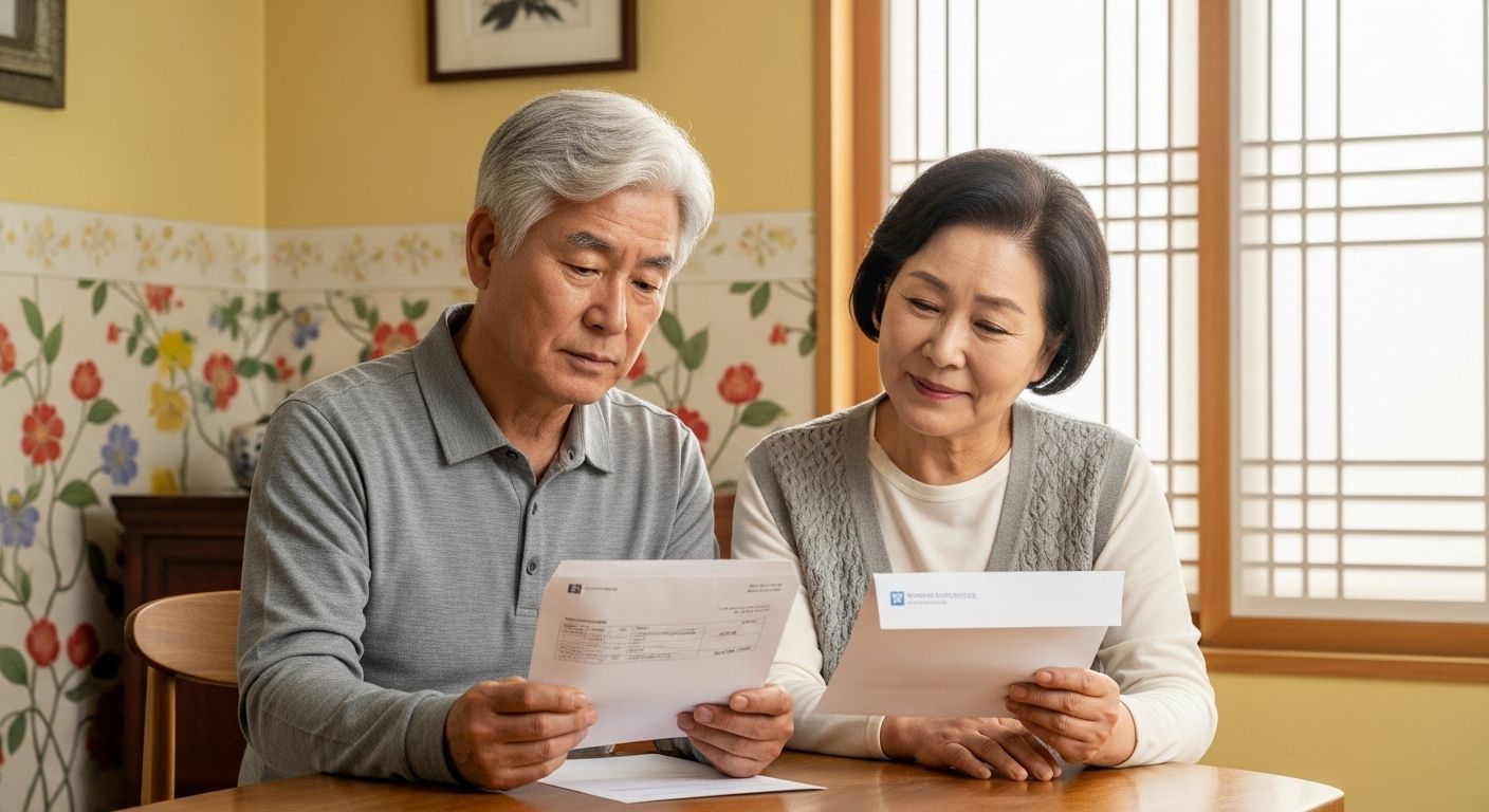 건강검진 대상 우편물을 확인하고 있는 노년부부