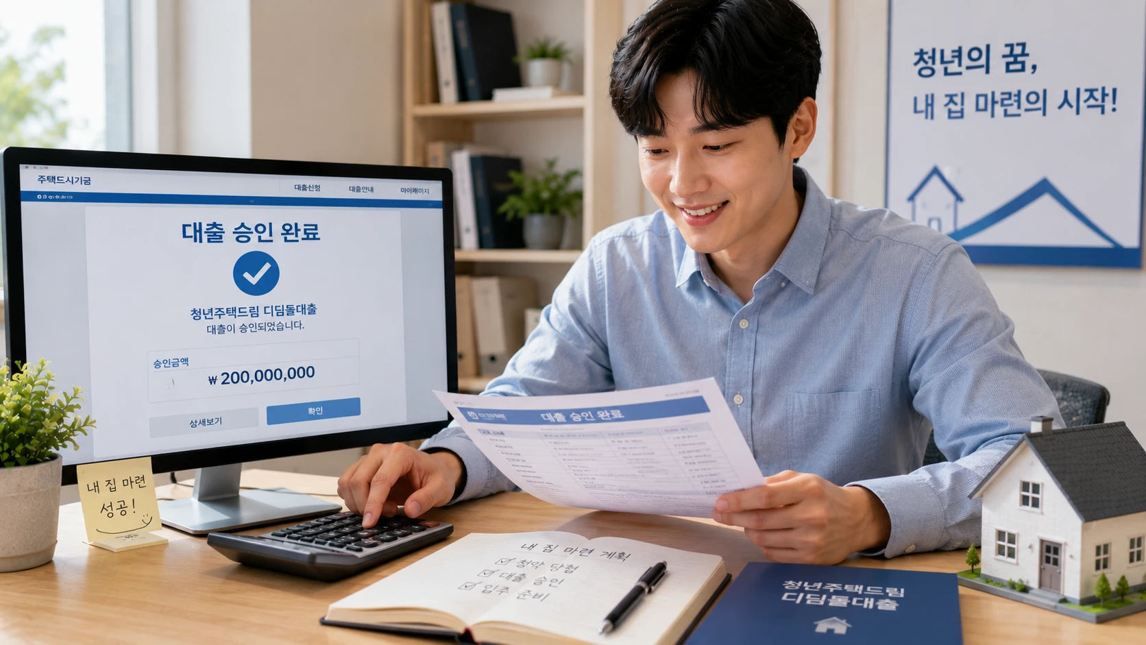 청년주택드림 디딤돌대출 승인 후 내 집 마련 계획을 확인하며 기뻐하는 청년 남성 모습