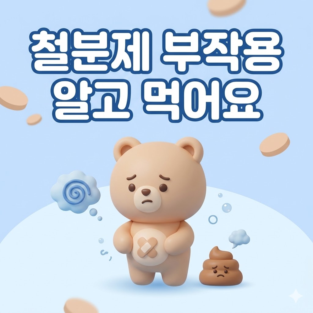 귀여운 캐릭터가 속 쓰린 배를 잡고 걱정하는 모습. 철분제 부작용을 암시하는 3D 카툰 일러스트.