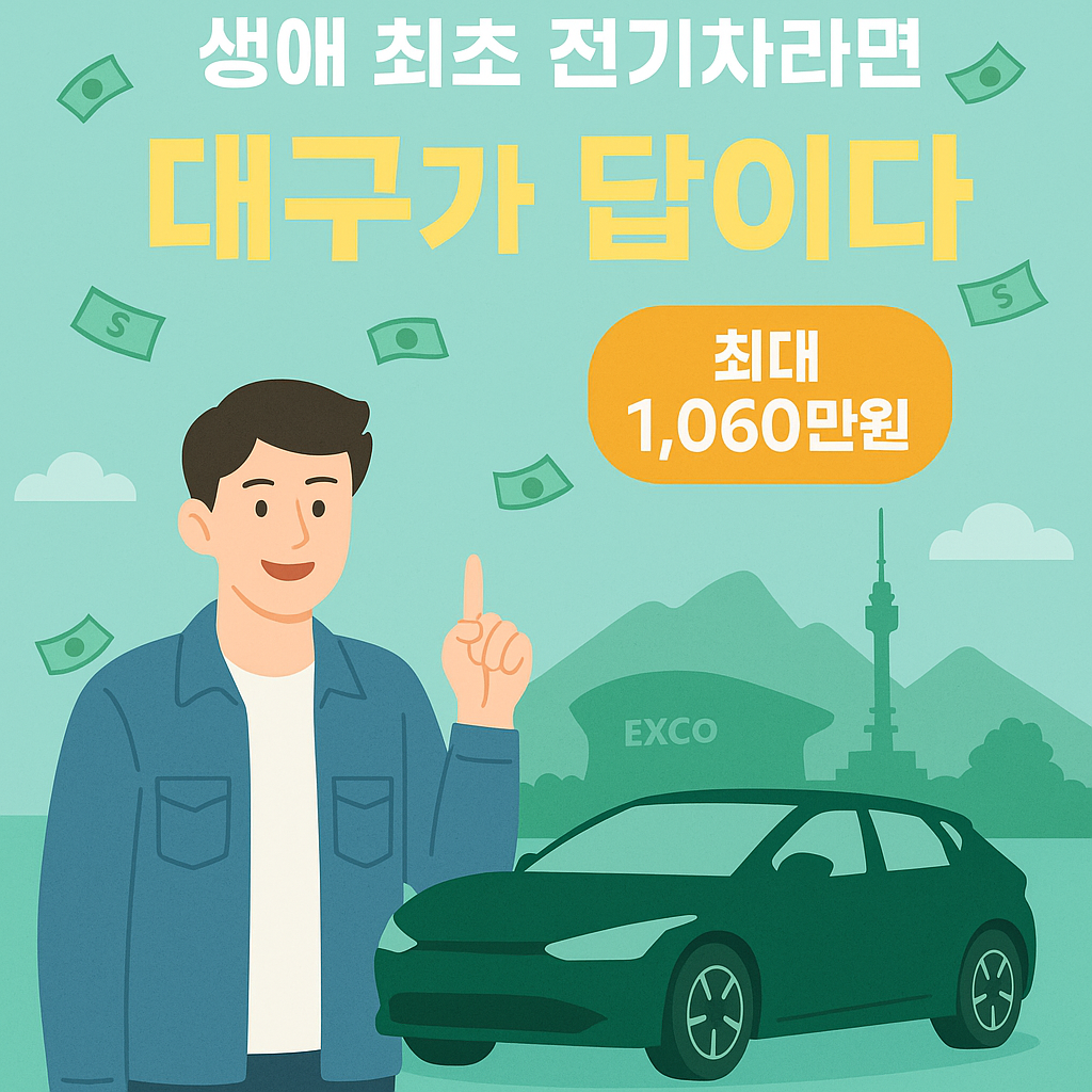 생애 최초 전기차 구매 청년이 대구에서 최대 1,060만 원 보조금을 받을 수 있음을 안내하는 프로모션 일러스트 – EV6, 팔공산, 엑스코 배경