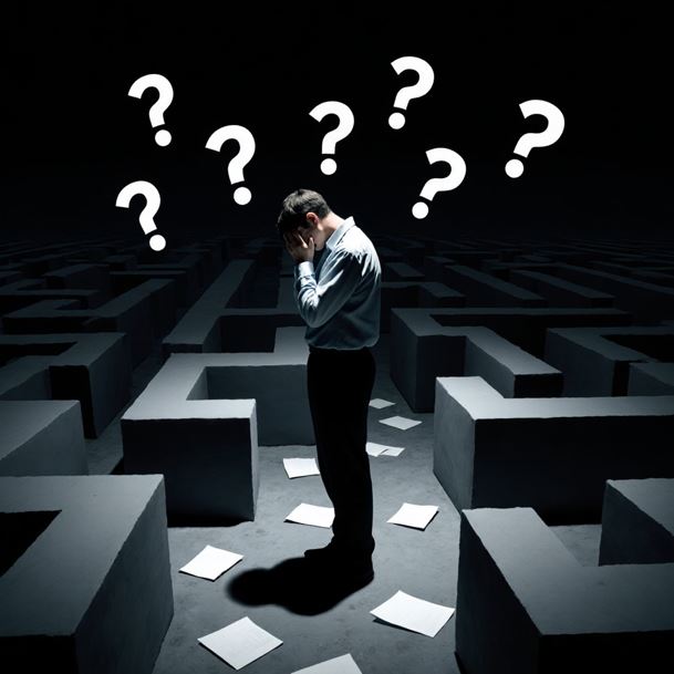 어둡고 복잡한 미로 가운데 서서 머리를 감싸 쥔 채 고민하는 사람의 측면 모습, 주변에는 종이들이 흩어져 있다.