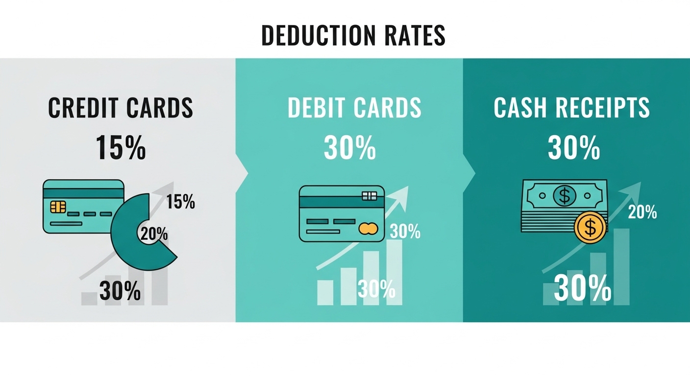 신용카드, 체크카드, 현금영수증 공제율을 시각적으로 비교한 인포그래픽