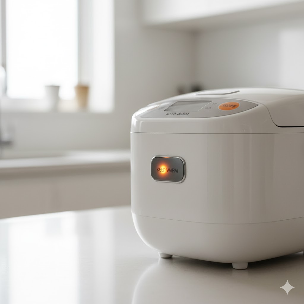 깨끗한 주방 조리대 위 흰색 전기밥솥의 주황색 보온 표시등이 켜져 있는 클로즈업.