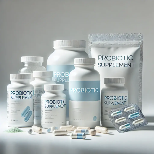 다양한 형태의 유산균 제품 – 캡슐, 분말, 병 제품이 정갈하게 연출된 화이트 스튜디오 컷