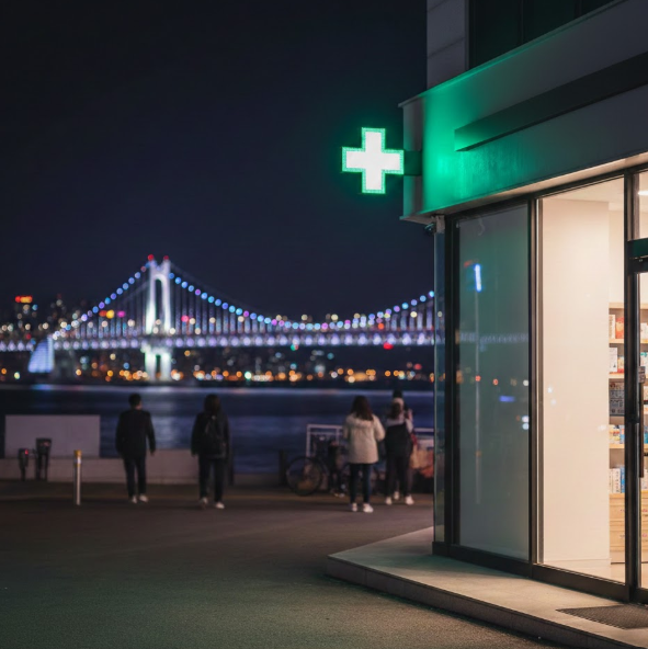 광안대교를 배경으로 한 심야약국 사진