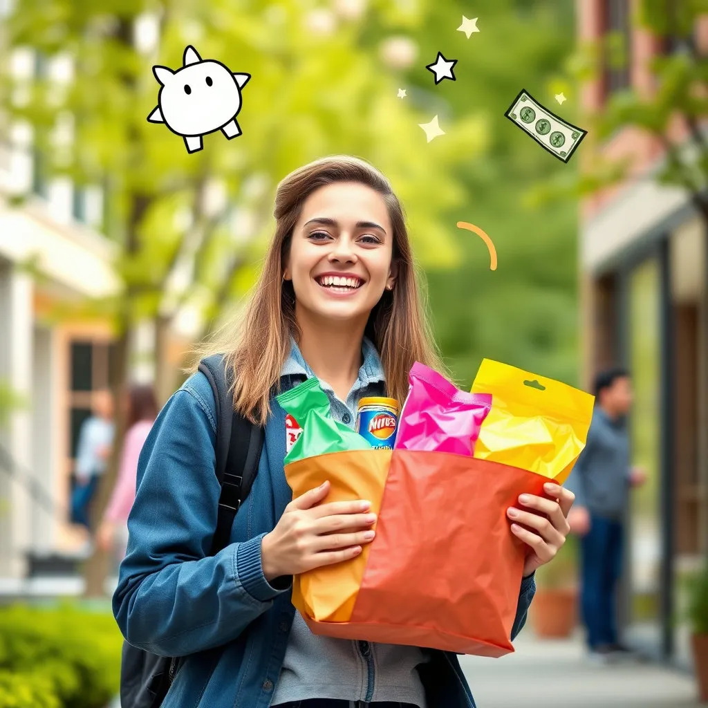 구매한 천원매점 꾸러미(4개 품목)를 들고 환하게 웃고 있는 대학생의 모습입니다. 학생의 머리 위에는 생활비 절약으로 얻게 된 용돈이나 저금통 아이콘이 반짝이는 듯한 효과를 주어 기쁨을 시각화해 주세요.