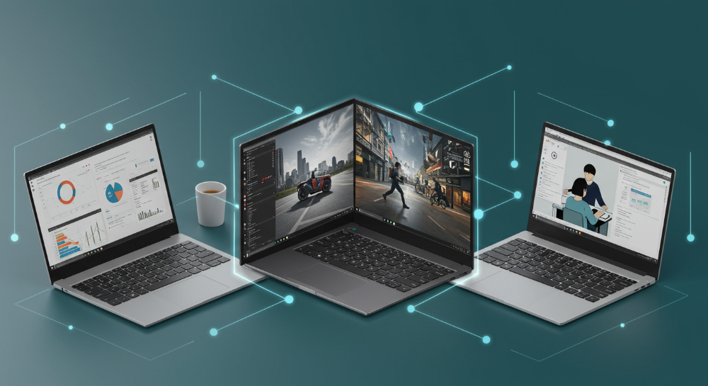 2025년 17인치 노트북의 세 가지 주요 용도(업무, 게이밍, 인강)를 시각적으로 분할하여 보여주는 이미지. 각 구역에는 해당 용도에 맞는 사용 환경과 핵심 기술(AI, 고성능 그래픽, OLED)이 직관적으로 표현되어 있다.