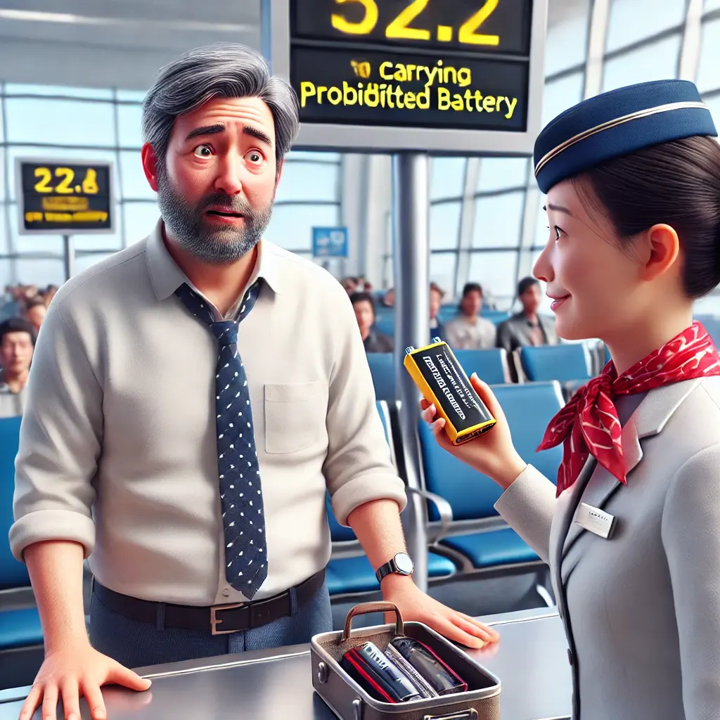 비행기 탑승 전에 배터리를 소지해 승무원에게 제지를 당한 당황한 한국인 중년 남성의 모습