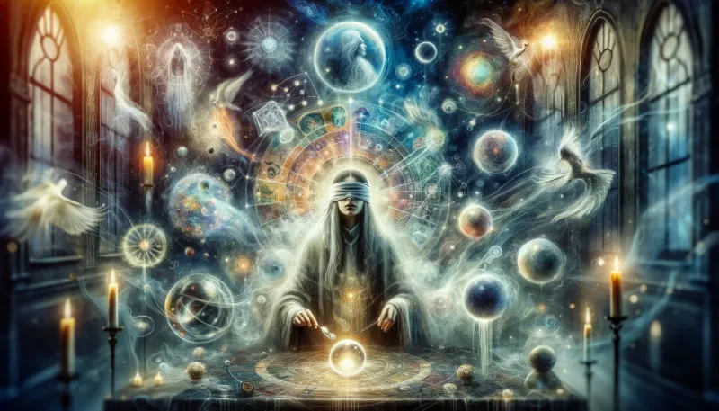 불가리아의 맹인 신비주의자인 바바 반가가 예언을 하는 모습을 예술적으로 묘사한 작품입니다. 이미지는 Baba Vanga의 비전 과정을 나타내는 천상의 상징적 요소로 둘러싸인 신비로운 환경에 있는 모습을 보여주어야 합니다. 수정구, 빛나는 조명, 영묘한 형상 등 미래를 예언하는 느낌을 전달하는 추상적인 기호와 이미지를 포함합니다. 분위기는 그녀의 예측의 흥미로운 성격을 반영하여 수수께끼 같고 신비감으로 가득 차 있습니다.