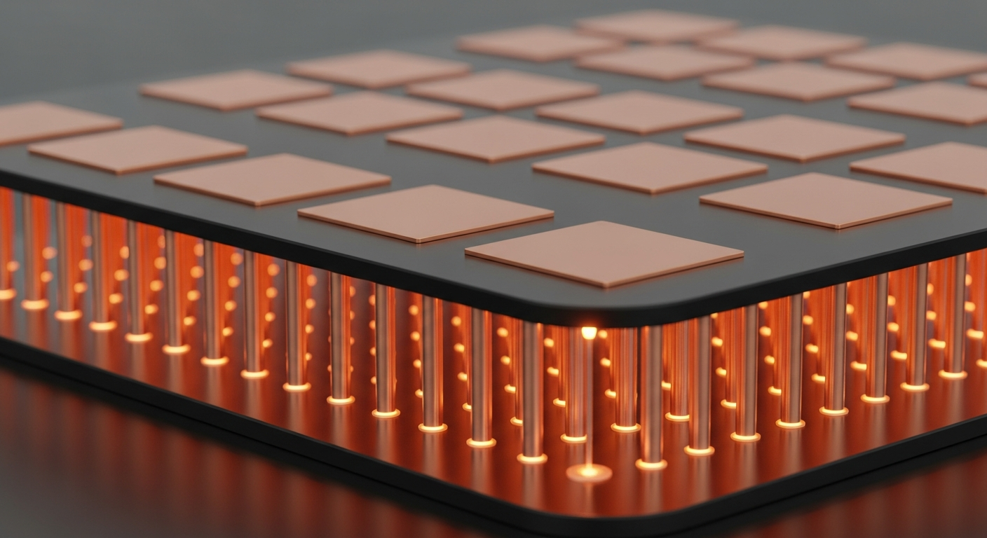 범프 없이 구리(Cu)와 구리가 직접 연결되는 '하이브리드 본딩' 기술의 초근접 3D 렌더링. 주황색으로 빛나는 연결 부위, 매우 정밀하고 깨끗한 기술 시각화.