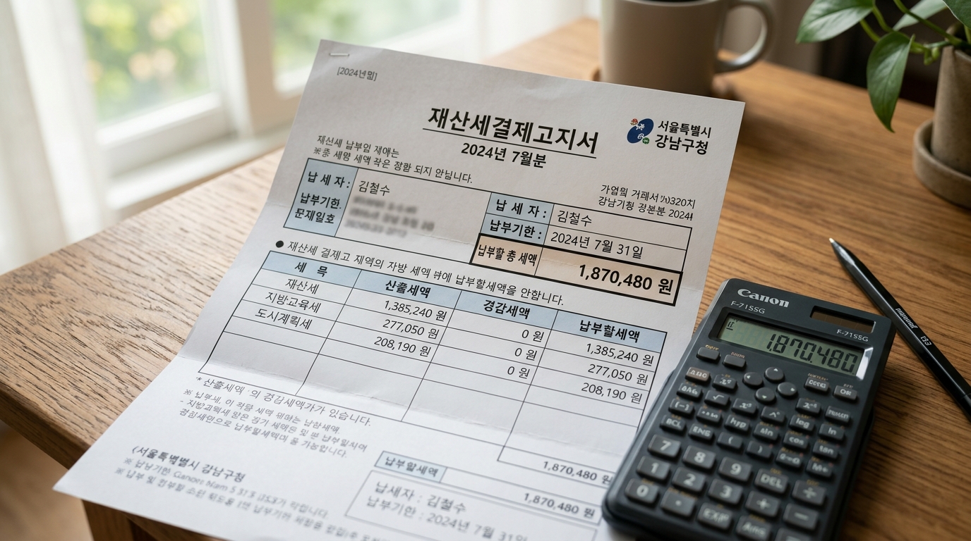 공시가격 변동에 따른 재산세와 종합부동산세의 변화를 보여주는 세금 고지서 이미지