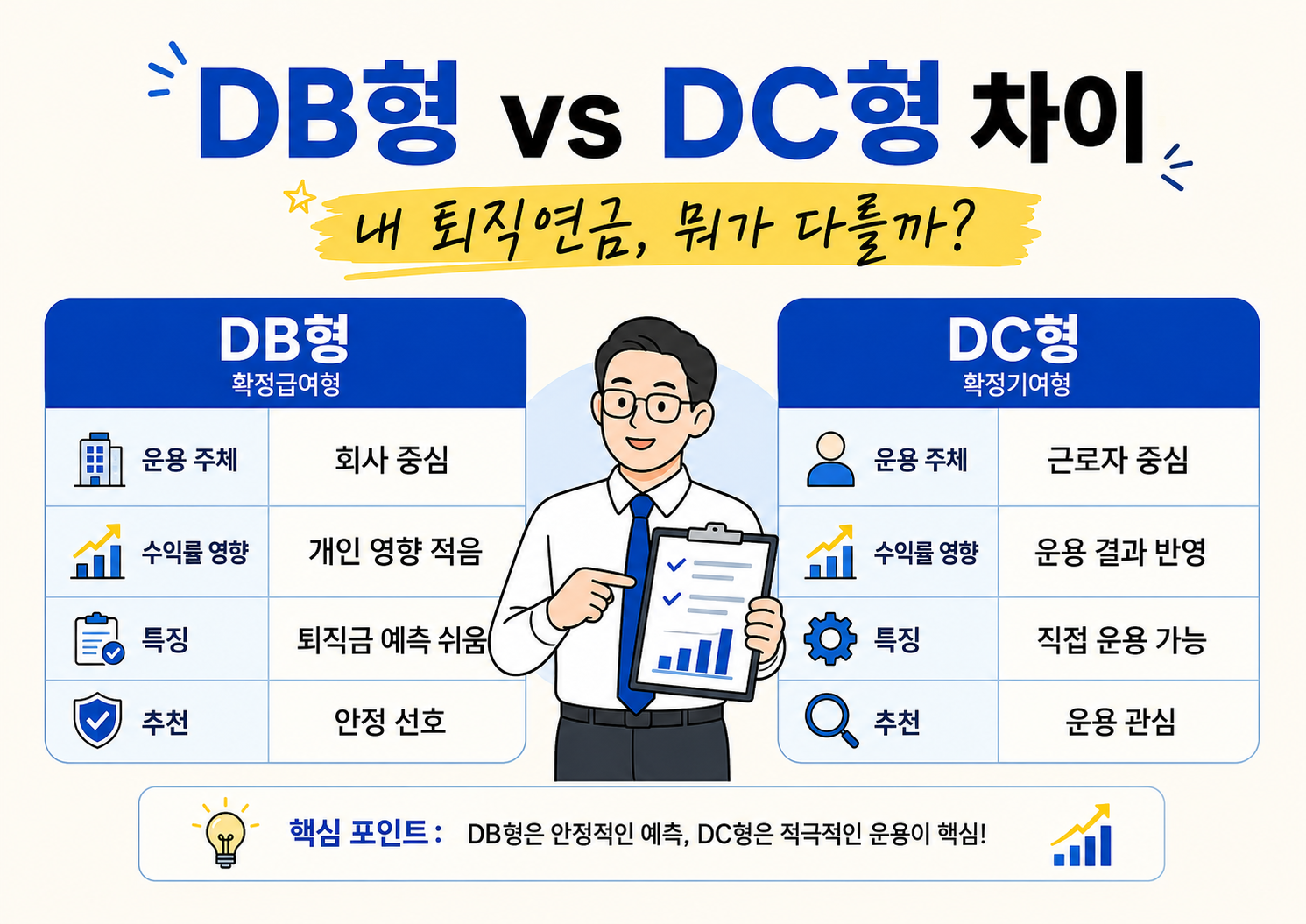 퇴직연금 DB형과 DC형의 운용 주체, 수익률 영향, 특징, 추천 대상을 비교한 표 형식의 인포그래픽 이미지