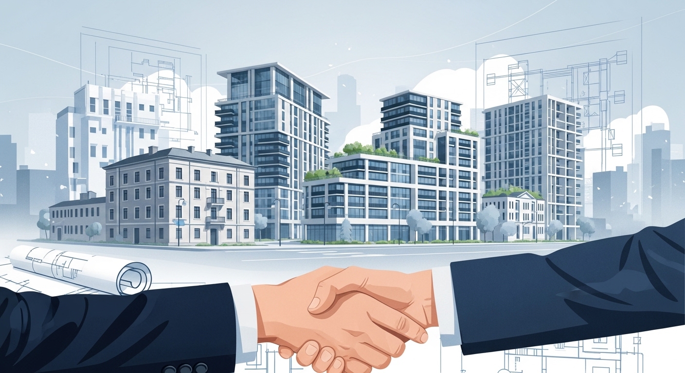 낡은 도시가 새 건물로 변화하고, 정부와 개발자가 협력하는 모습을 보여주는 역동적인 도시 정비사업 일러스트