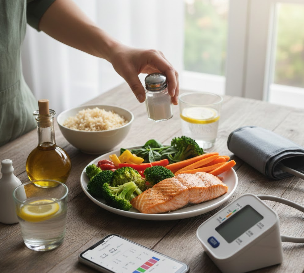 집에서 혈압기로 혈압을 체크하고, 저염 식단을 챙기는 여성