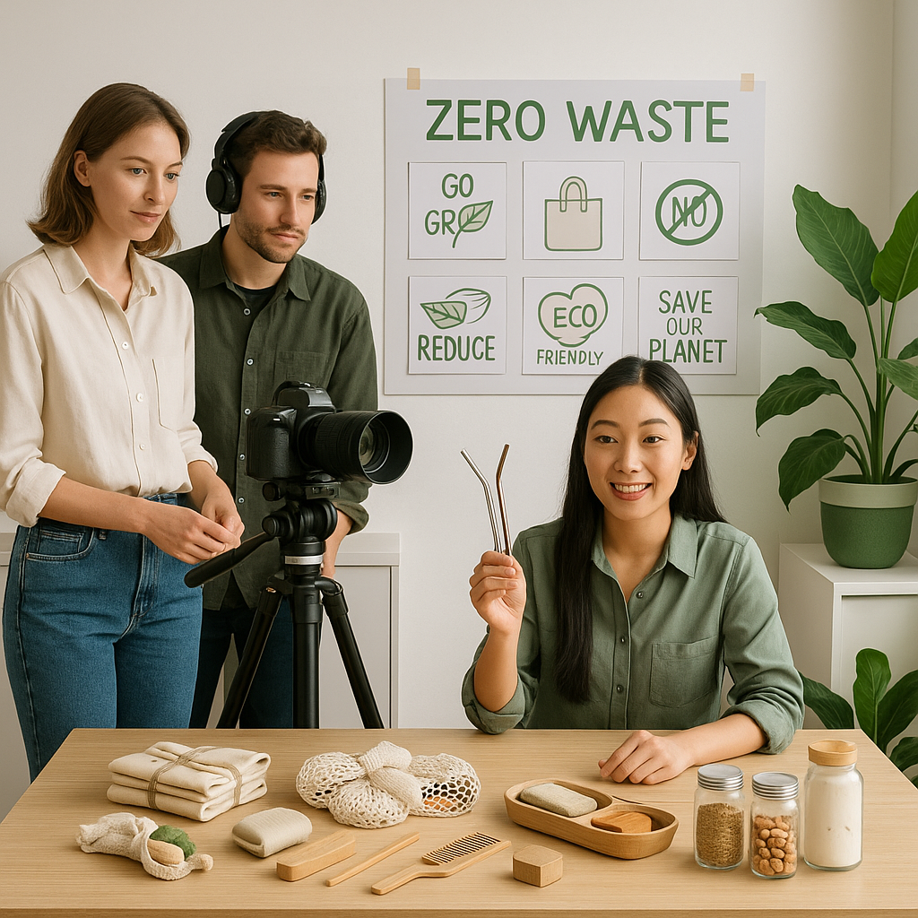 제로 웨이스트 콘텐츠 촬영 현장으로, 재사용 가능한 용품들과 친환경 소품이 정돈된 촬영 스튜디오 내부 모습. 지속가능한 메시지 기획이 보드에 표시되어 있고, 촬영 장비와 작가들이 콘텐츠를 제작 중인 장면