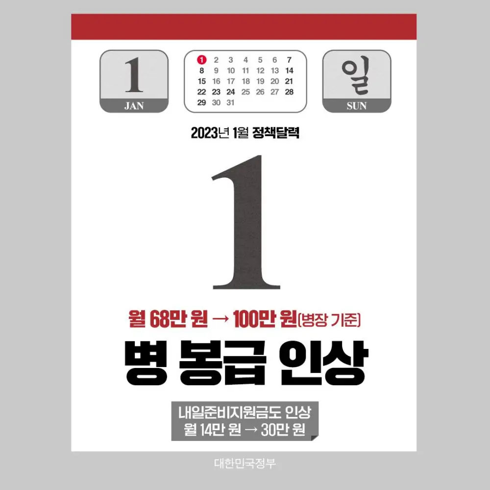 병 봉급 인상 문구가 있는 달력