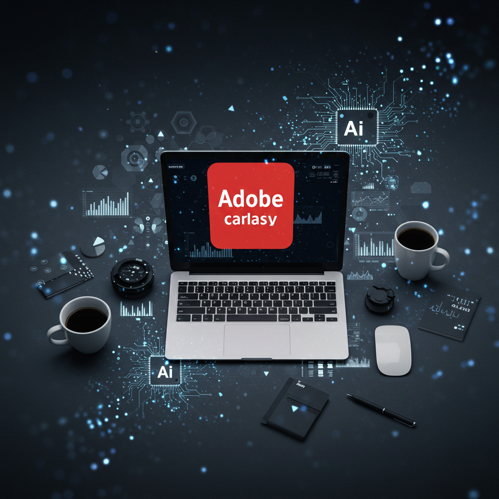 어도비 로고와 AI 관련 시각적 요소가 어우러진 현대적인 작업 공간 이미지