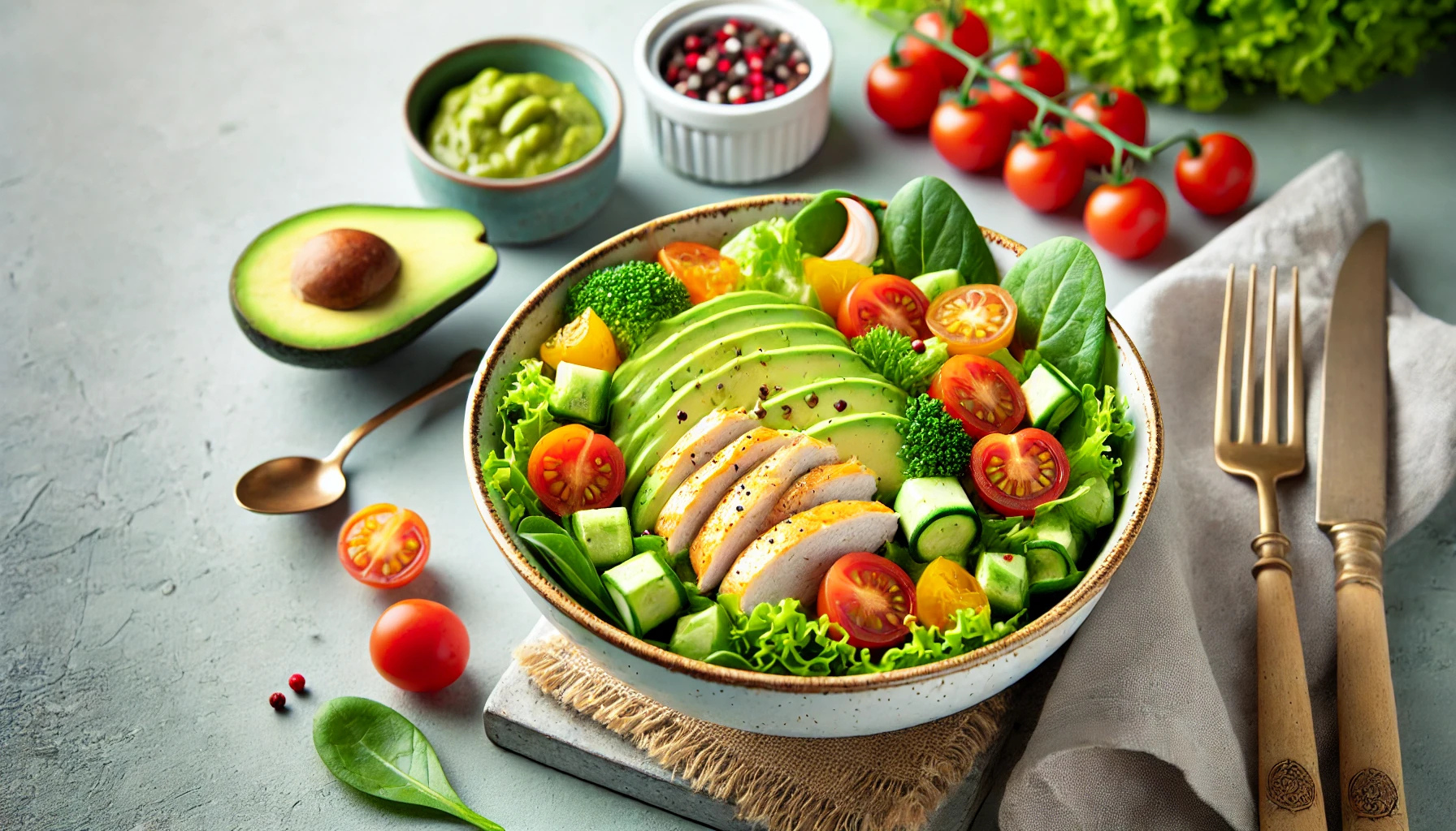 닭가슴살과 아보카도가 어우러진 신선한 샐러드, 밝은 색감으로 건강한 느낌 강조