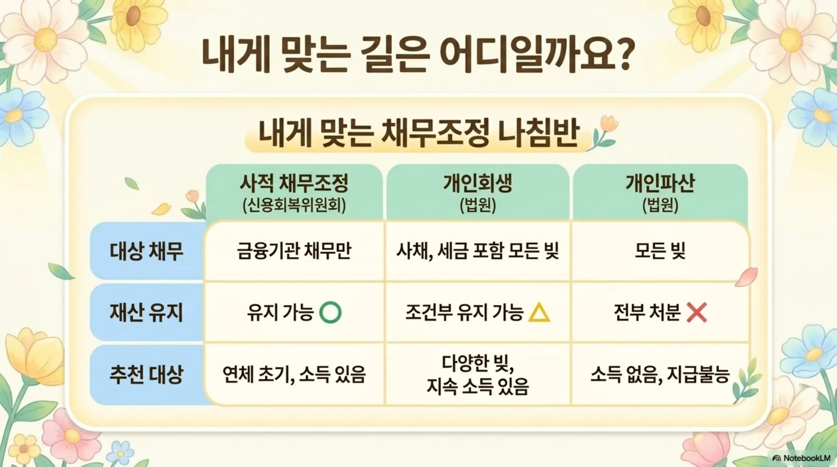 개인회생 vs 개인파산: 내게 맞는 길은 어디일까요? 사적 채무조정(신용회복위원회)&middot;개인회생(법원)&middot;개인파산(법원) 세 제도의 대상 채무&amp;#44; 재산 유지 여부&amp;#44; 추천 대상을 한눈에 비교한 채무조정 나침반 비교표 인포그래픽 이미지 