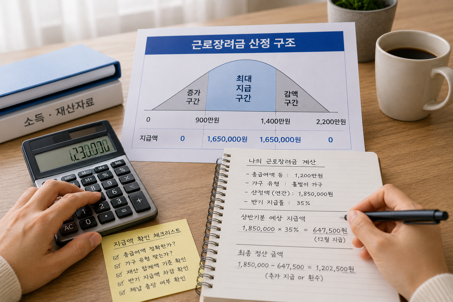 소득곡선 그래프와 계산기로 지급액을 계산하는 손 클로즈업