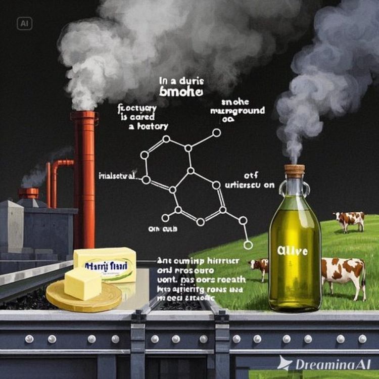 어두운 배경에서 한쪽에는 공장 굴뚝에서 연기가 나오고 있고, 컨베이어 벨트 위에 마가린과 가공식품들이 놓여 있다. 반대편에는 자연스러운 햇살 아래 목초지에서 풀을 뜯는 소와 신선한 버터, 올리브오일 등이 배치되어 있다. 가운데에는 분자 구조도가 보이며, 트랜스지방의 비틀린 구조와 자연 지방의 정상적인 구조가 대비되어 표현되어 있다. 전체적으로 자연 vs 인공, 건강 vs 질병의 대비를 강조한 강렬하고 상징적인 이미지
