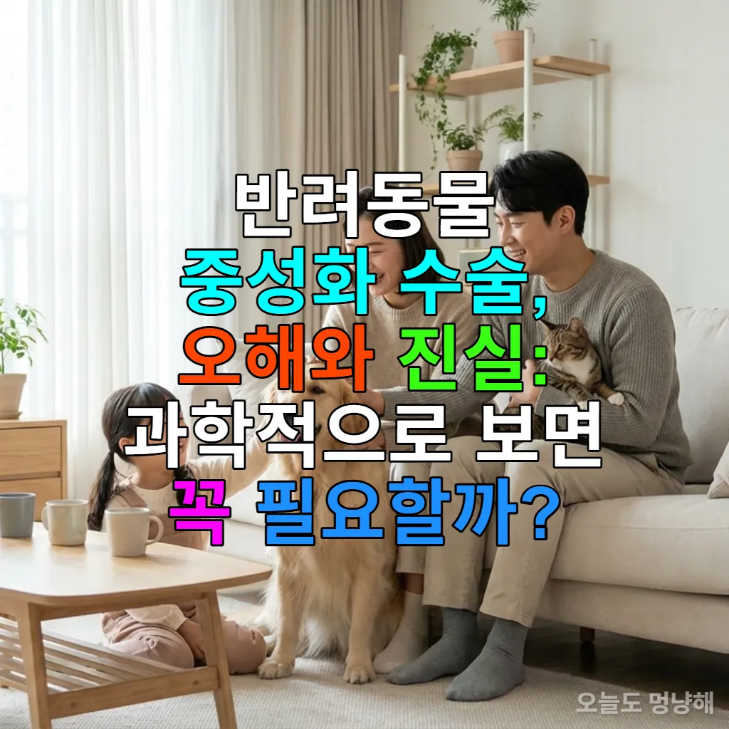 한국 가족이 거실에서 행복하게 반려견과 반려묘를 쓰다듬고 있는 모습