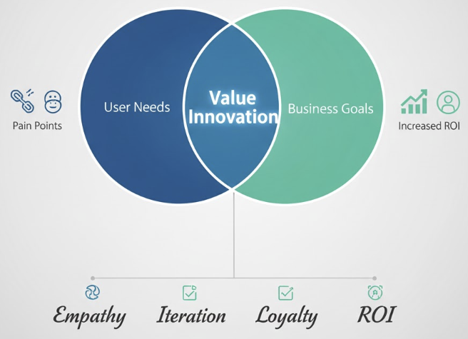 사용자 니즈(User Needs)와 비즈니스 목표(Business Goals)가 교차하는 지점에 '가치 혁신(Value Innovation)'이 발생하는 모습을 보여주는 벤 다이어그램. 공감과 반복, 충성도와 ROI를 연결하는 디자인 전략 시각화 자료