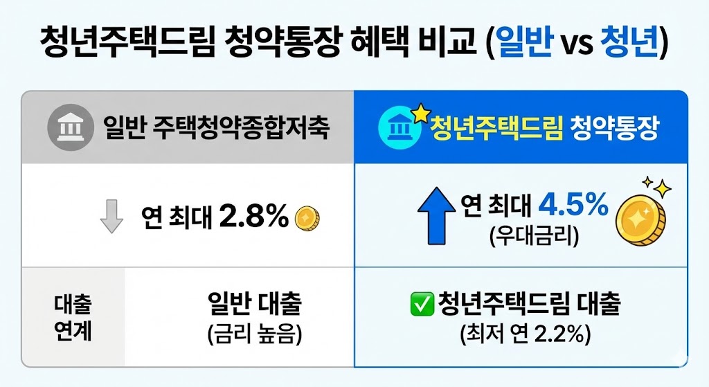 일반 청약통장 대비 청년주택드림 청약통장의 금리(연 최대 4.5%) 및 대출 연계 혜택(최저 연 2.2%) 비교표