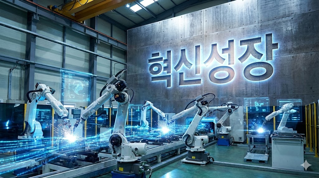 혁신성장 중심의 미래 산업을 나타내는 첨단 제조 로봇 공장 및 핵심 키워드 디자인