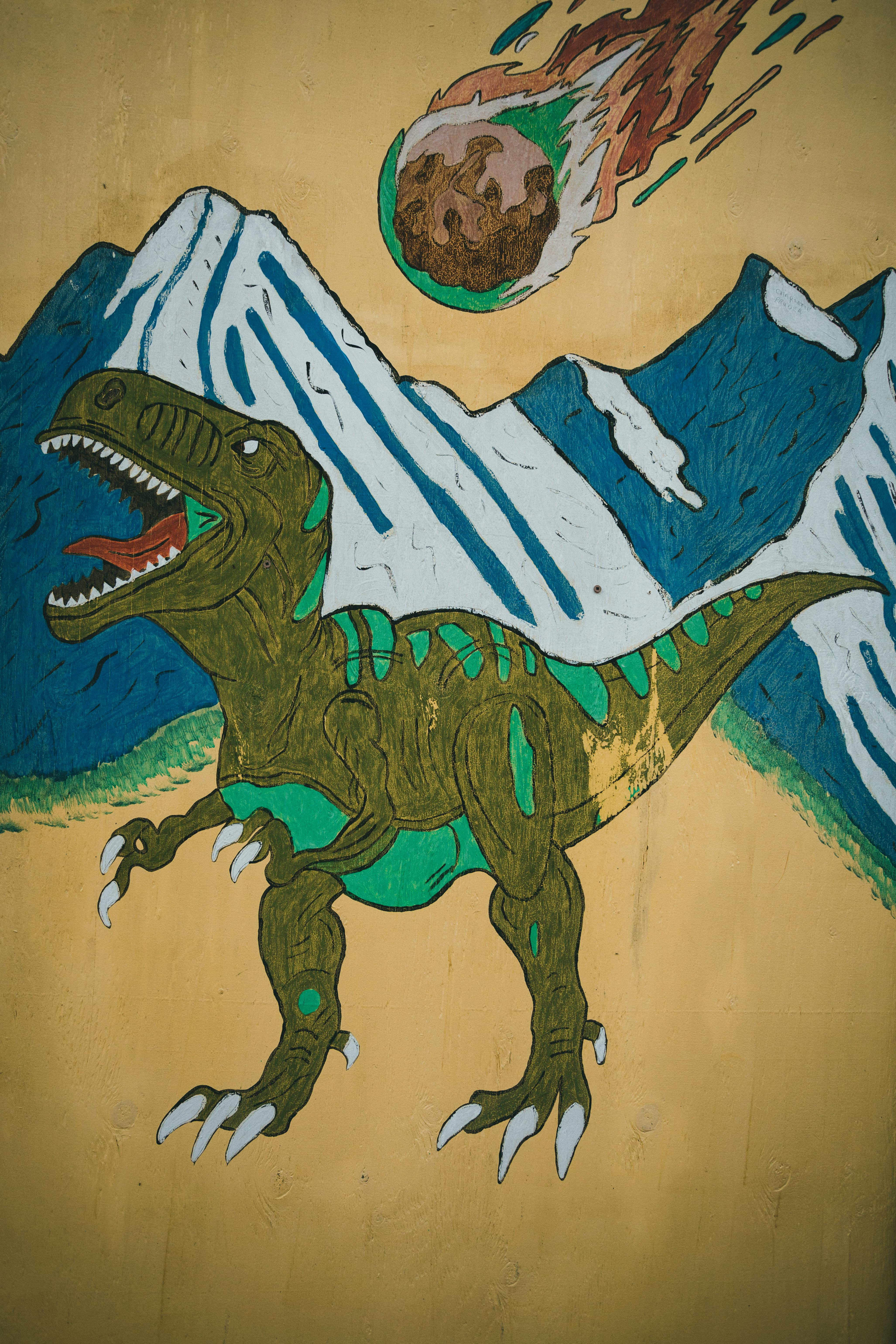 하늘에서 떨어지는 소행성과 공룡 티라노사우르스의 모습의 그림