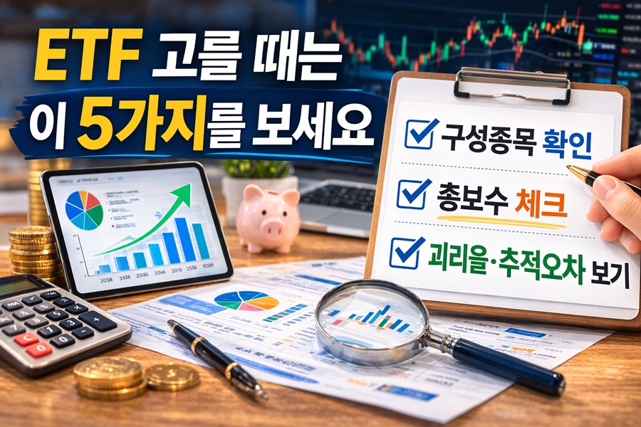 ETF 투자 입문자가 구성종목, 총보수, 괴리율과 추적오차 같은 핵심 지표를 확인해야 한다는 내용을 보여주는 체크리스트 이미지
