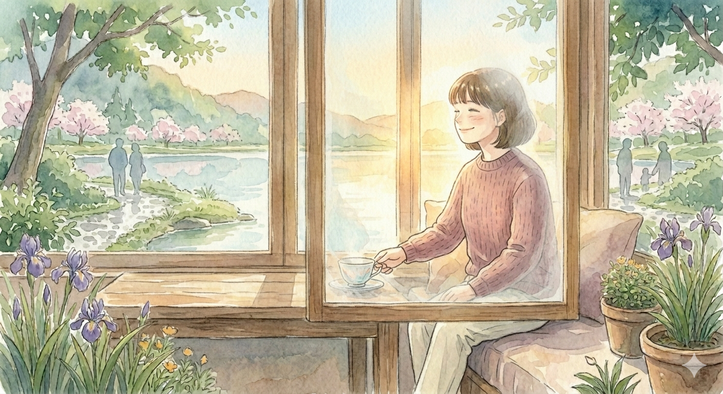 "따스한 햇살이 비치는 거실 창가에서 여성이 빈 찻잔을 내려놓고 창밖의 평화로운 풍경을 바라보며 미소 짓고 있는 수채화 일러스트. 꽉 쥐고 있던 기대라는 잔을 비워내고 현재의 순간과 관계를 있는 그대로 받아들이는 마음의 여유와 평온을 상징함."
