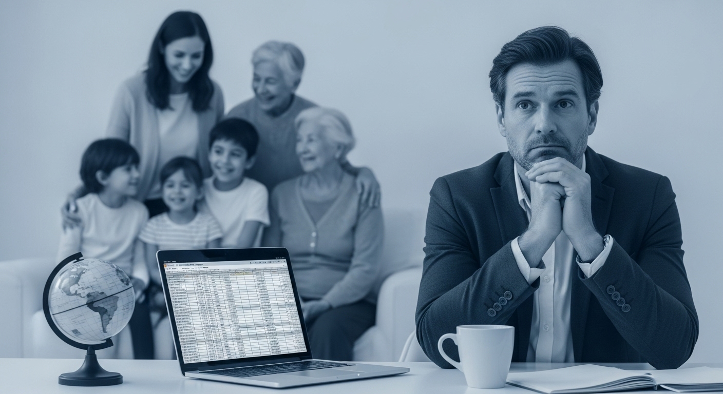 가장이 퇴사 후 생존 비용을 계산하는 구글 스프레드시트를 보며 고민하는 모습