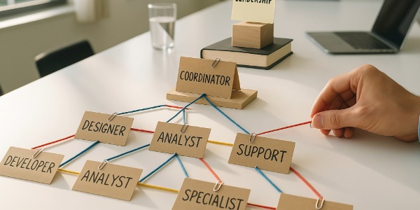 책상 위에서 여러 직책이 적힌 카드들을 끈으로 연결하여 조직도를 만드는 모습