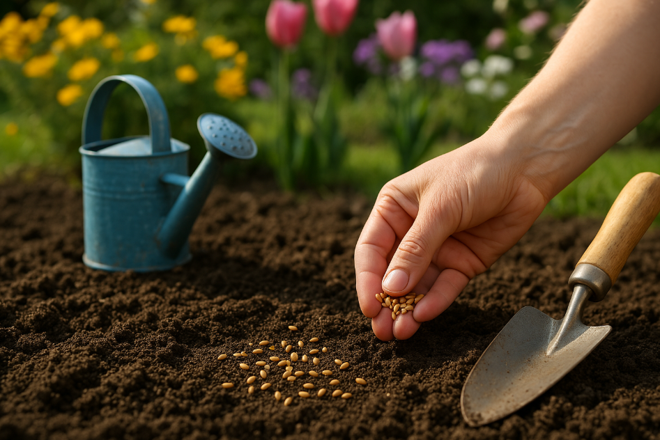 꽃씨 뿌리는 법, 봄 파종 시기, 씨앗 심는 장면, 화단 준비, 봄 정원 가꾸기