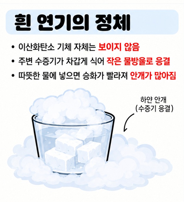 드라이아이스를 물에 넣었을 때 보이는 흰 연기는 주변 수증기가 응결한 작은 물방울이라는 원리를 보여주는 카드