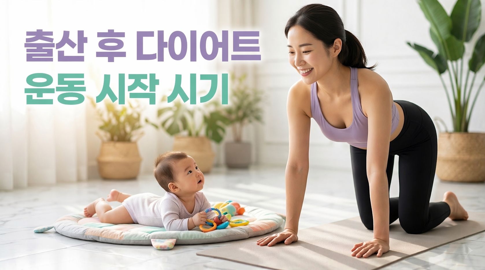 출산 후 다이어트를 위해 아기와 함께 거실에서 스트레칭하는 행복한 엄마 모습