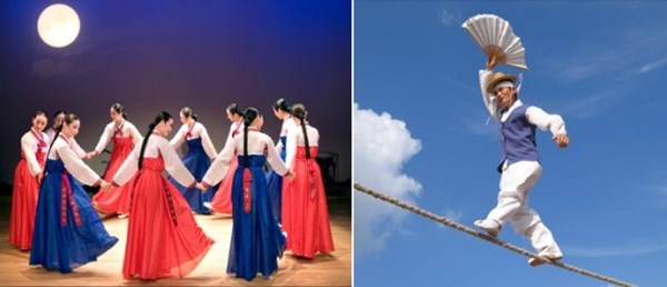 한가위 민속놀이 강강술래와 줄타기 모습