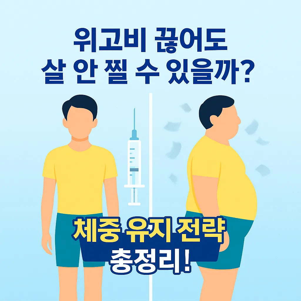 위고비 중단 후에도 체중 증가 없이 건강하게 유지할 수 있는 전략을 시각적으로 표현한 이미지입니다. 좌측은 날씬한 남성이, 우측은 복부가 나온 남성이 있으며, 가운데에 주사기가 배치되어 있습니다.