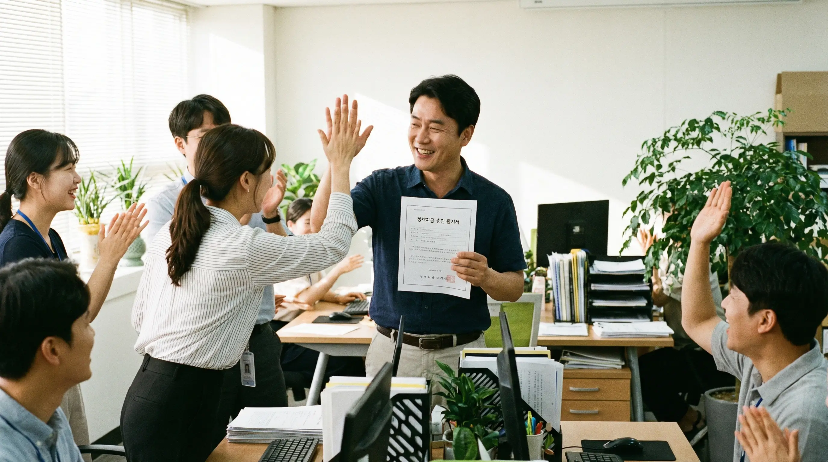 정책자금 승인 통지서를 받고 안도하며 직원들과 하이파이브를 하는 중소기업 대표님의 희망찬 모습
