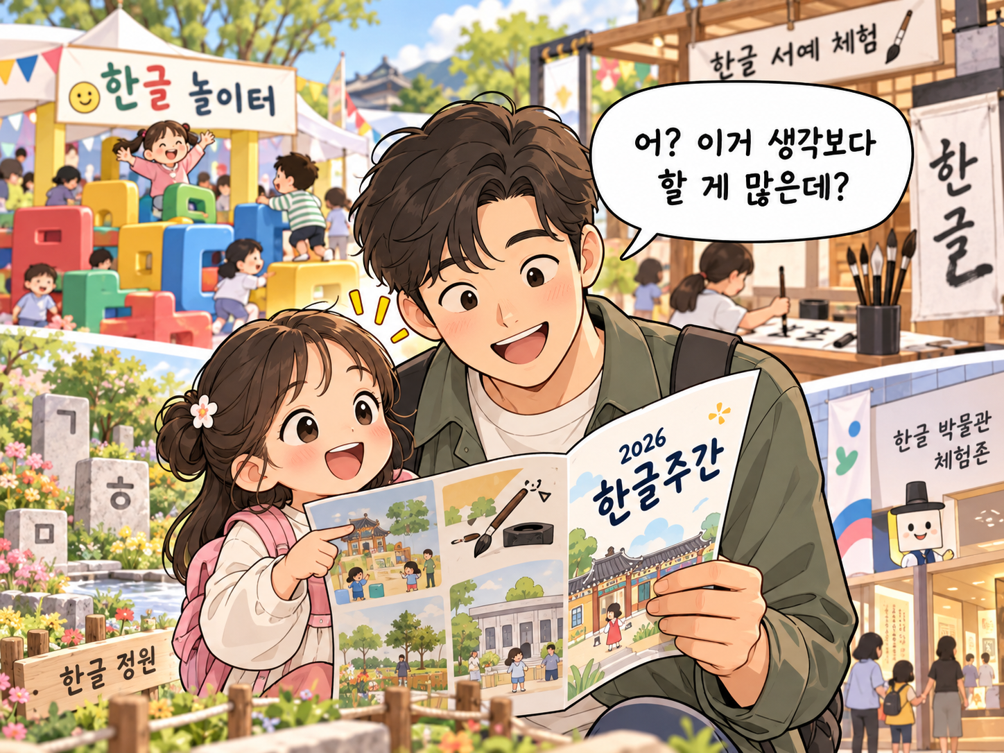 어린이 한글놀이터와 멋글씨 체험, 한글 정원 등 한글주간 프로그램을 보며 아이와 가볼 만하겠다고 생각하는 아빠와 딸의 웹툰 이미지