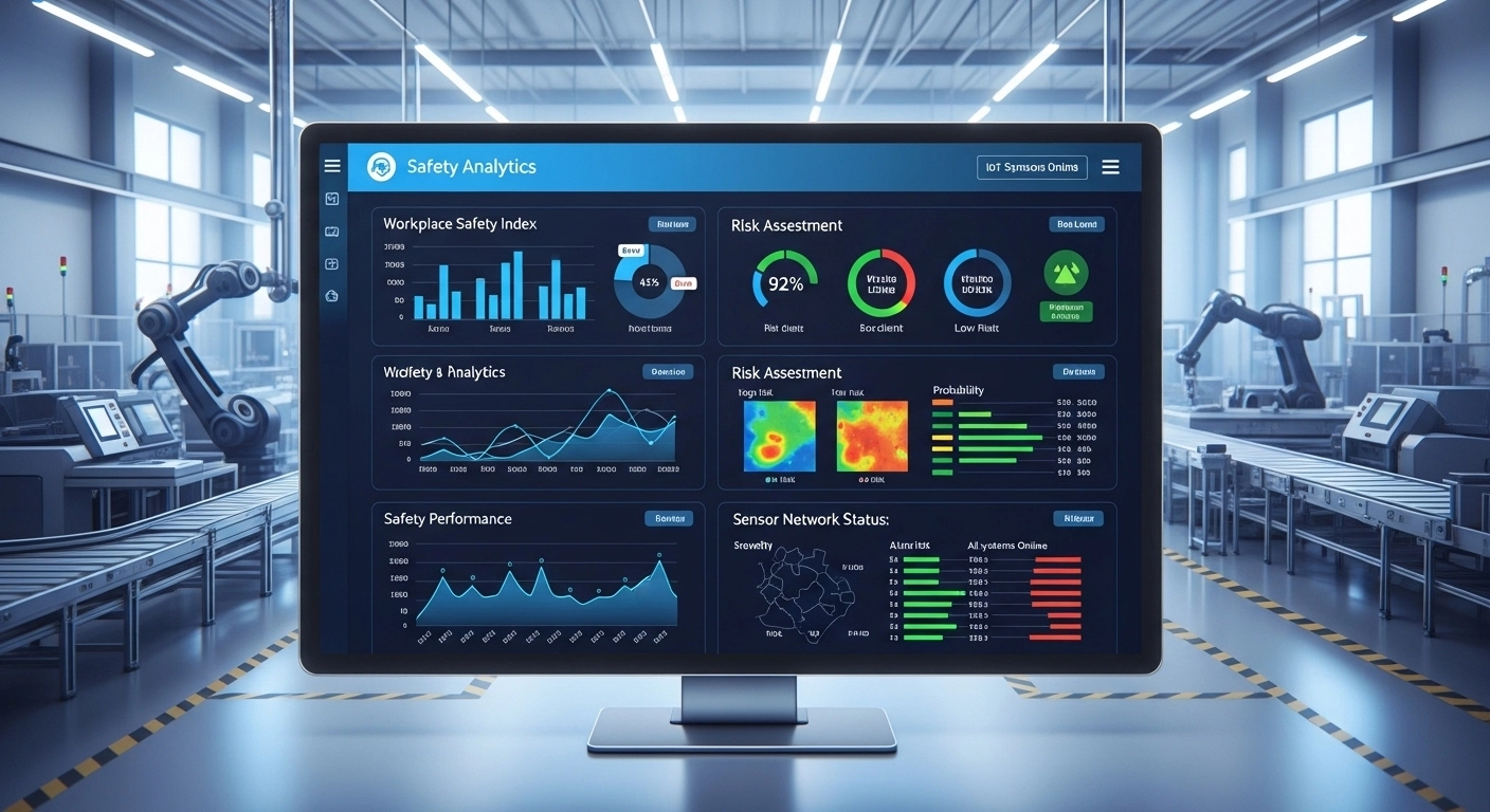 산업 안전 데이터 분석과 위험성 평가 지표를 시각화한 디지털 관리 대시보드 및 스마트 안전 공장 배경 이미지.