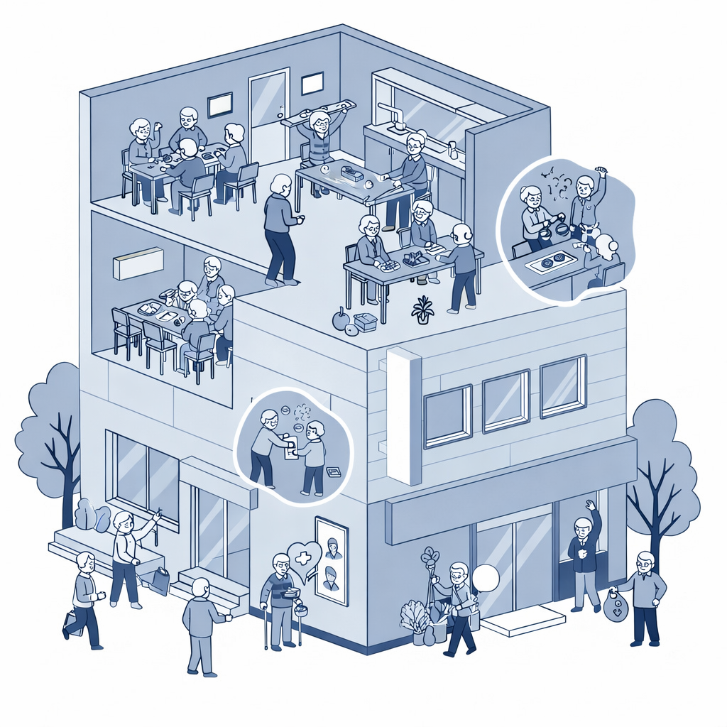 서울의 지역 보건소나 복지관에서 어르신들이 건강 증진 프로그램에 참여하고 있는 활기찬 모습.