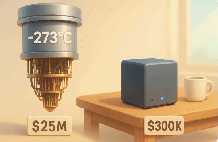 실온에서 작동하는 소형 양자컴퓨터 Dirac-3와 극저온 환경에서만 작동하는 초전도 양자컴퓨터의 비교 일러스트. 가격과 크기의 차이를 직관적으로 보여주는 풍자적 이미지. (Quantum computer cost and size comparison)