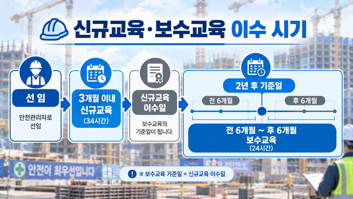 안전관리자 선임 후 신규교육 3개월 이내와 보수교육 기준일 전후 6개월을 나타낸 타임라인