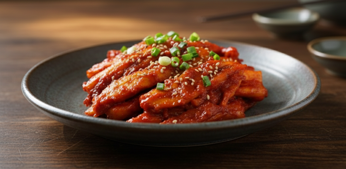 어두운 톤의 낮은 접시에 담긴 윤기 흐르는 매콤한 더덕구이. 쪽파와 깨가 고명으로 올라가 있으며, 따뜻하고 고급스러운 나무 테이블 위에 놓여 있는 모습.