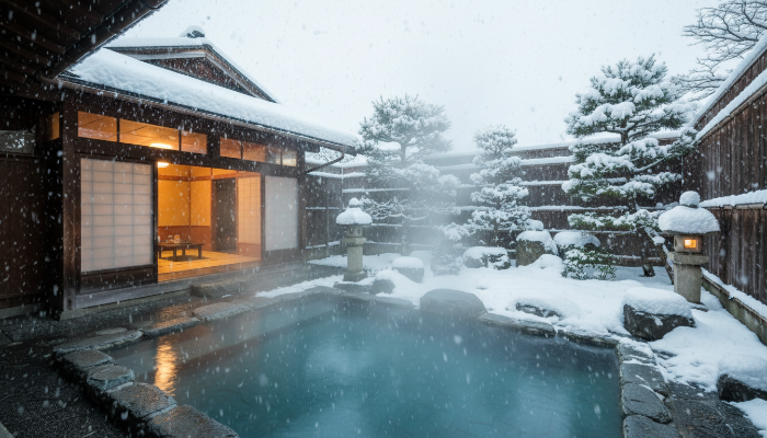 눈 내리는 일본 정원을 바라보며 즐길 수 있는 프라이빗한 료칸 노천탕의 평화로운 모습