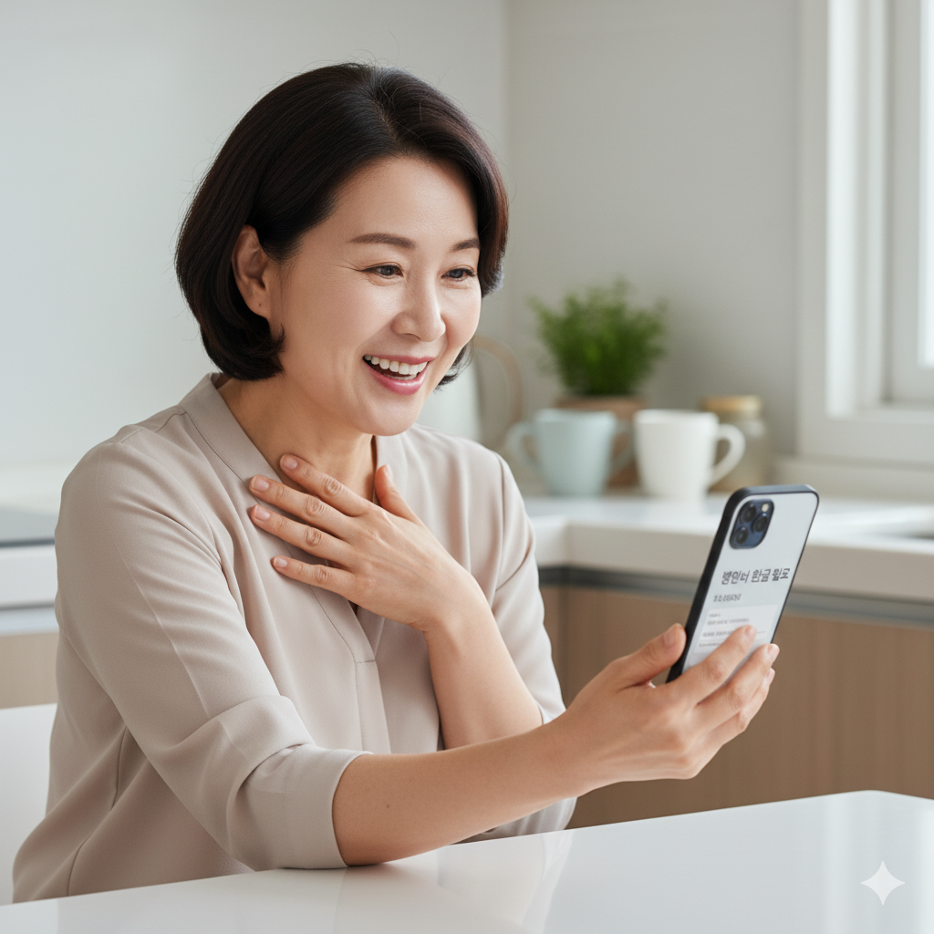 스마트폰으로 병원비 환급 내역을 확인하고 기뻐하는 중년 여성