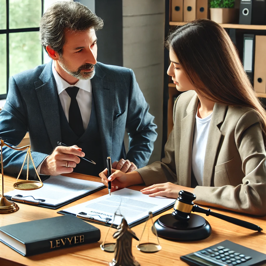 변호사가 재산분할에 대한 법률 문서를 검토하고 조언하는 모습