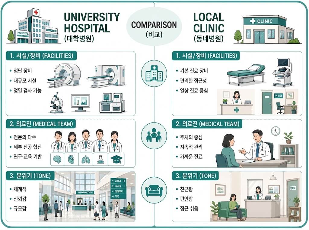 대학병원과 동네개인병원 비교 인포그래픽